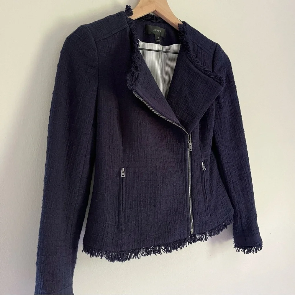 J. Crew Women’s Tweed Motorcycle Jacket with Fringe Navy‎ Blue Size 0